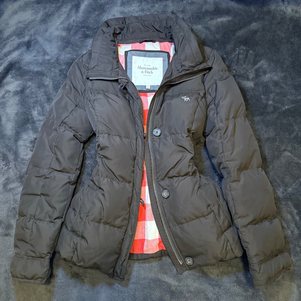 Abercrombie & Fitch Puffer Jacket Brown Plaid Lined Quilted Coat Womens Large